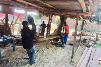 men in shed cutting lumber