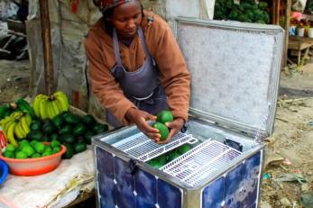 African woman pulling fruits from a refrigerator. 