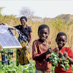 Two adults and two children near solar panel