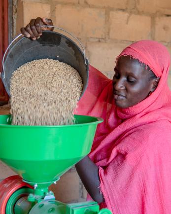 woman pouring grain into a pot