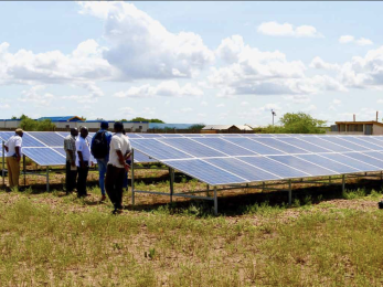 Group of adults standing near solar panels