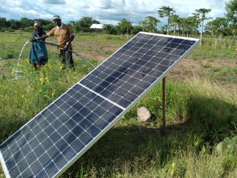 Two people in farm with solar panel