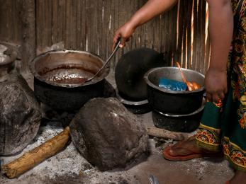A person cooking food in a pot
