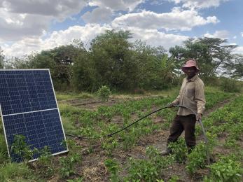 Man standing in field with solar panel