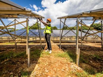 A solar energy technician examines equipment.
